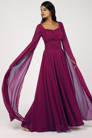 VIctorian Wine Ruched Cape Sleeves Gown