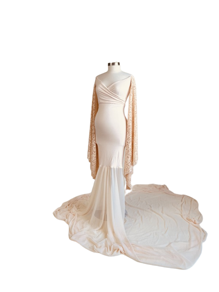 Cream Off-Shoulder Kimono Sleeves Maternity Shoot Gown