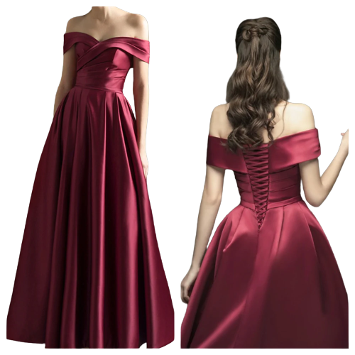 Wine Off-Shoulder Corset Back Satin Gown