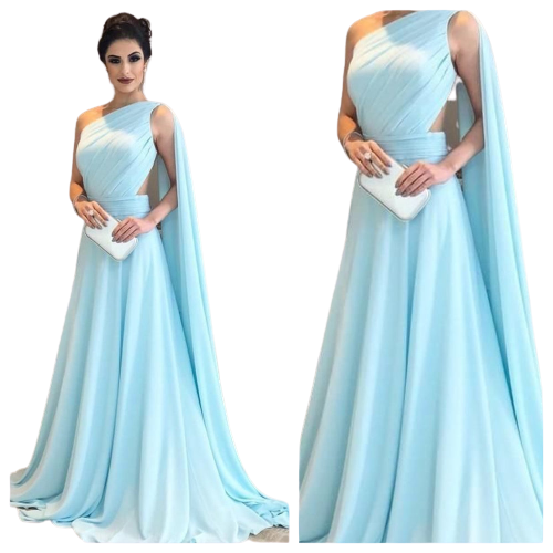 Turquoise Crape Silk & Net Off Shoulder Gown 171GW01