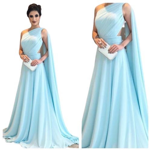 Sky Blue Drape One Shoulder Side Cut-Out Maxi