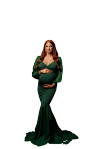 Bottle Green Balloon Sleeves Maternity Shoot Gown