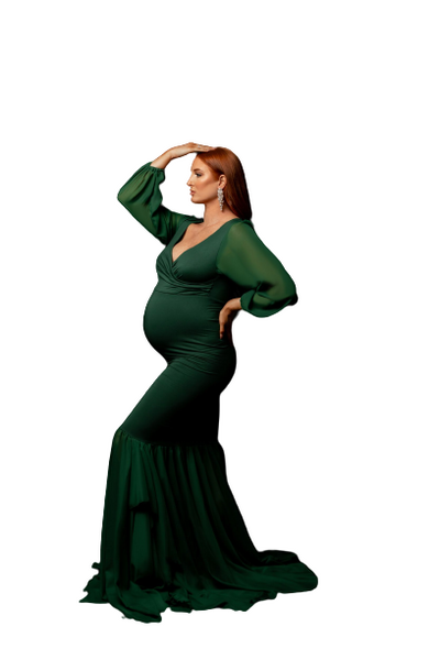 Bottle Green Balloon Sleeves Maternity Shoot Gown