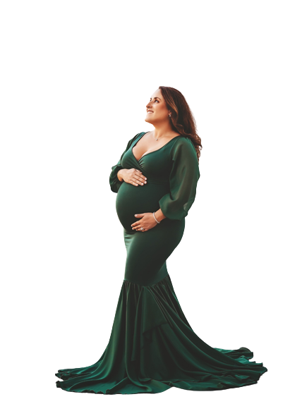Bottle Green Balloon Sleeves Maternity Shoot Gown