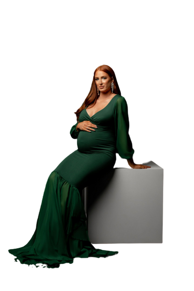 Bottle Green Balloon Sleeves Maternity Shoot Gown