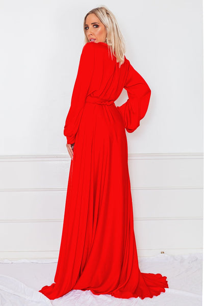 Red V Neck Overlap Balloon Sleeves Extra Flared Gown