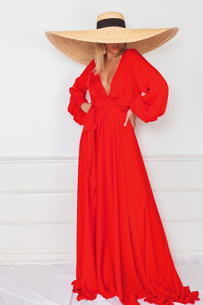 Red V Neck Overlap Balloon Sleeves Extra Flared Gown