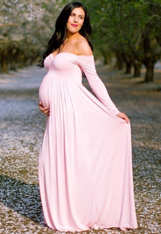 Baby Pink Ruched Long-Sleeve Off Shoulder Gown