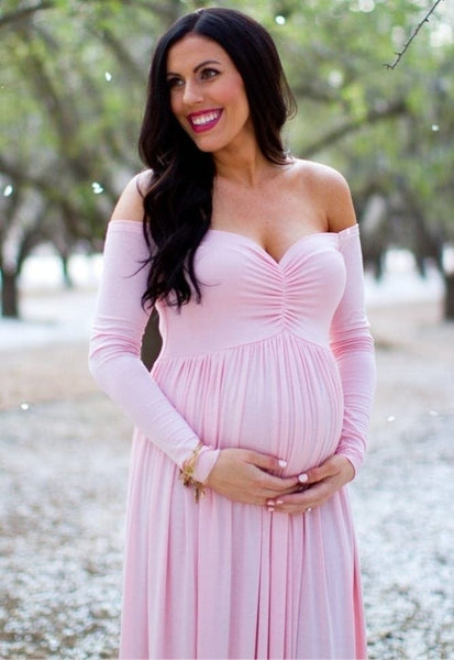 Baby Pink Ruched Long-Sleeve Off Shoulder Gown