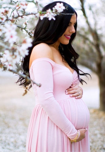 Baby Pink Ruched Long-Sleeve Off Shoulder Gown