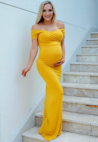 Mustard Off- Shoulder Sweetheart Slim Fit Maternity Gown