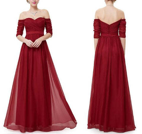 Maroon-Red Off-Shoulder Ruched Gathered Maxi