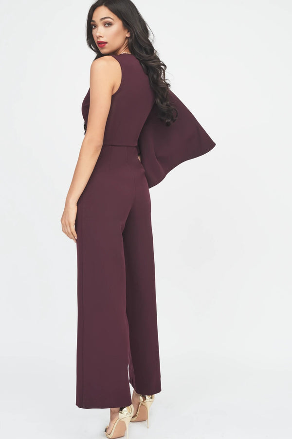 Wine Draped Sleeve Wide Leg Jumpsuit