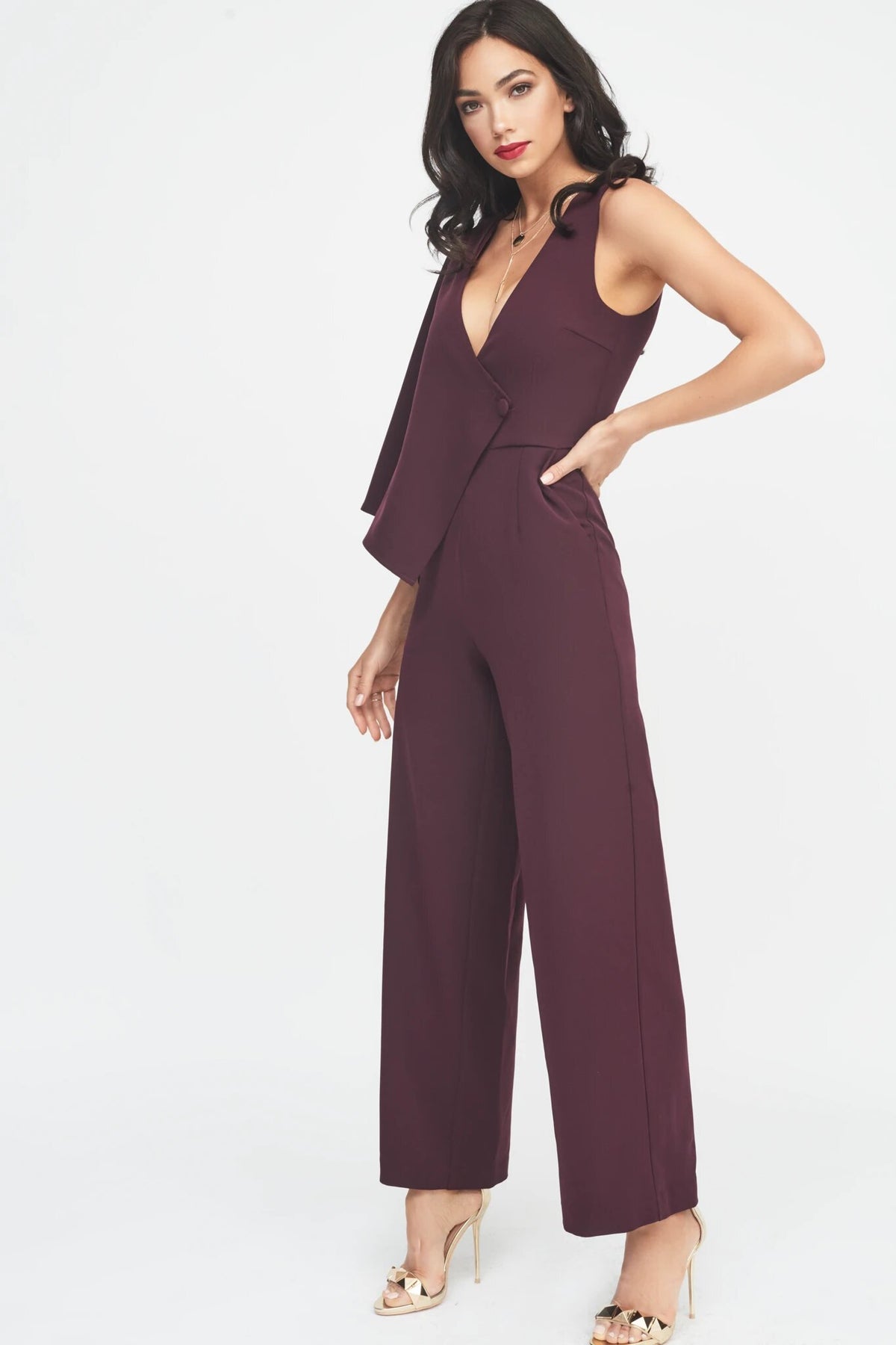 Wine Draped Sleeve Wide Leg Jumpsuit