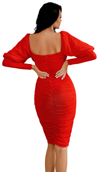 Red Scoop Neck Ruched Bodycon Midi Dress