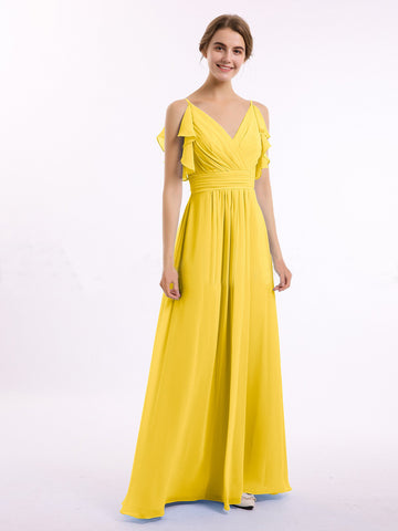 Yellow Spaghetti Strap Ruffles V-neck Maxi Dress