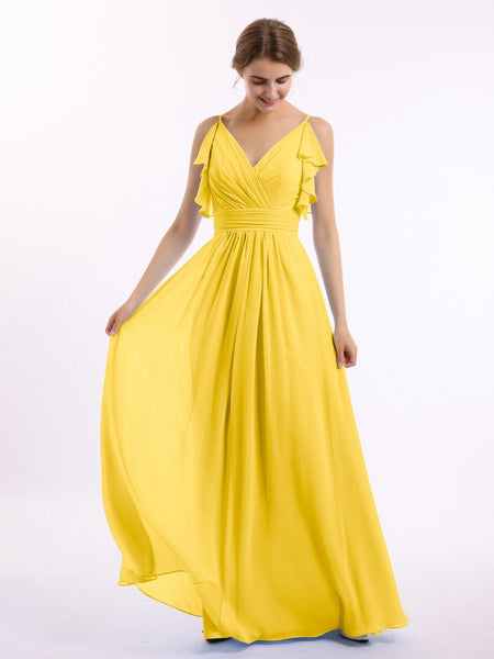 Yellow Spaghetti Strap Ruffles V-neck Maxi Dress