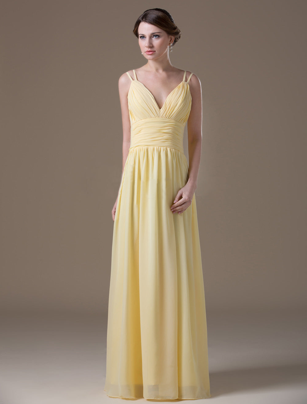 Yellow Double Spaghetti Straps Ruched Maxi