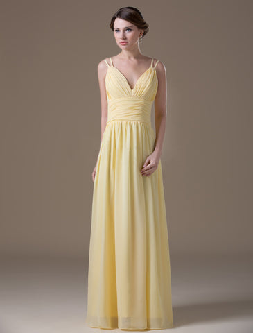 Yellow Double Spaghetti Straps Ruched Maxi