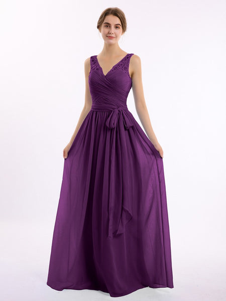 Purple Lace Straps Long Maxi Dress with Bow Sash