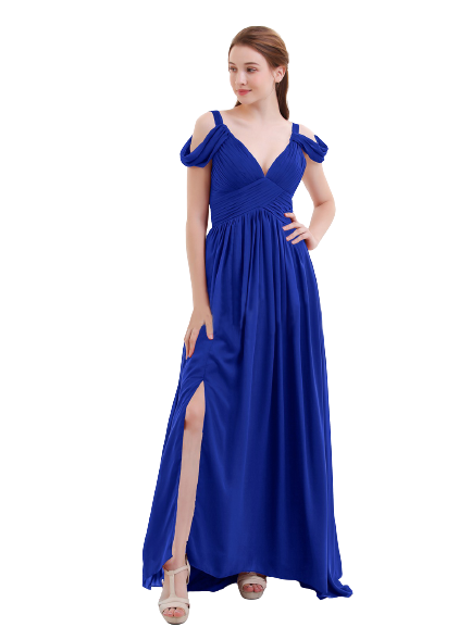 Royal Blue V Neck Ruched Cold Shoulder Maxi