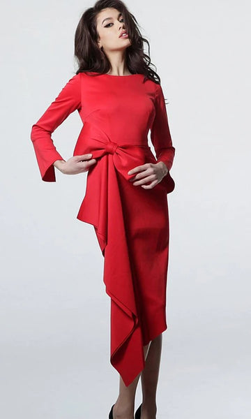 Red Boat Neck Bodycon Midi With Bow Detail