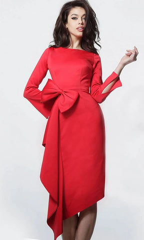 Red Boat Neck Bodycon Midi With Bow Detail
