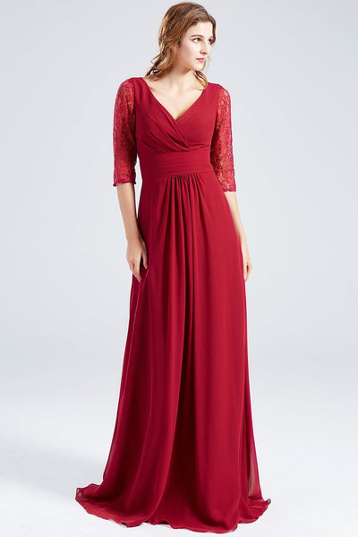 Maroon-Red V Neck Back Cut-Out Maxi