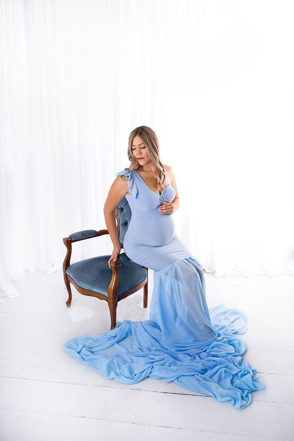 Sky Blue One Shoulder Maternity Extended Trail Gown