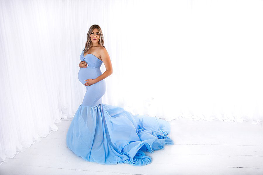 Sky Blue One Shoulder Maternity Extended Trail Gown