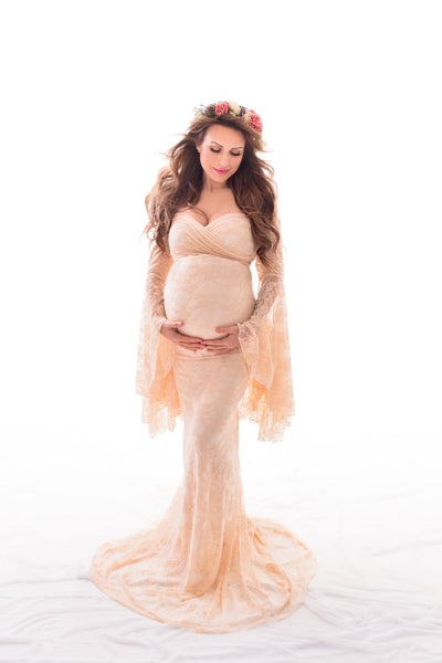Peach Off-Shoulder Bell Sleeves Lace Maternity Gown