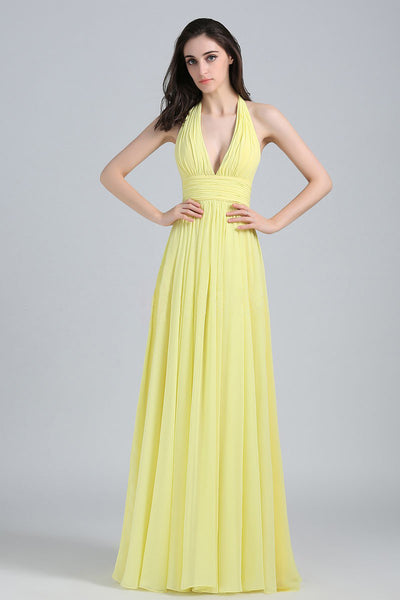 Yellow Plunge Neck Ruched Halter Maxi