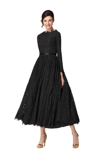 Modest Black Full Sleeves Lace Tea Length Dress