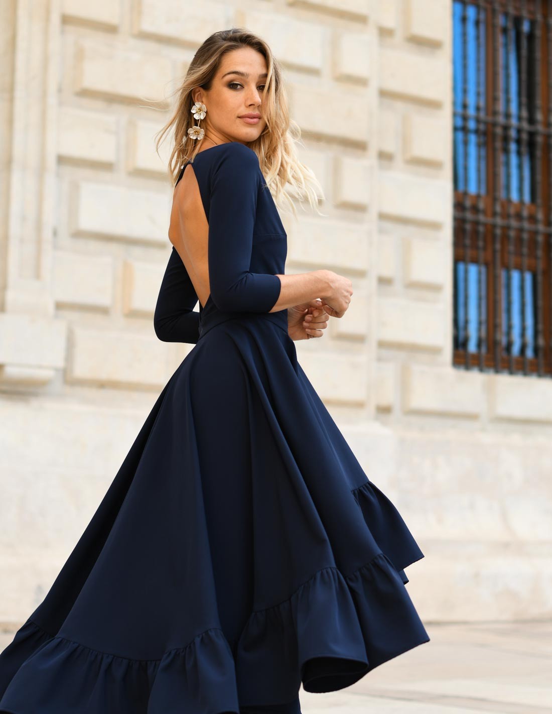 Navy blue Round Neck Oval Back Midi
