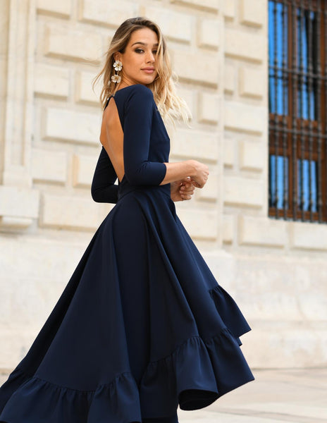 Navy blue Round Neck Oval Back Midi