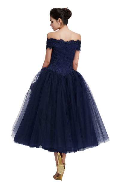 Navy Blue Off-Shoulder Tea Length Vintage Ball Gown