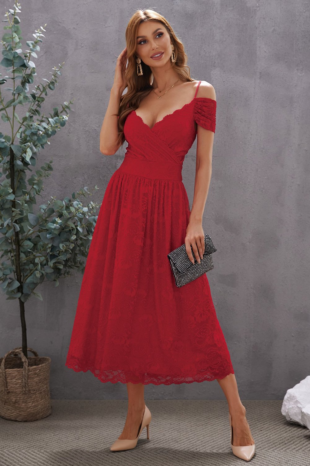 Maroonish-Red V Neck Lace Tea-Length Dress