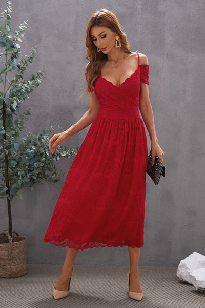 Maroonish-Red V Neck Lace Tea-Length Dress