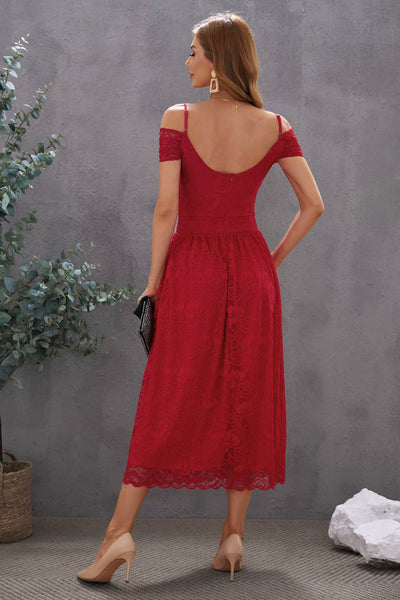 Maroonish-Red V Neck Lace Tea-Length Dress