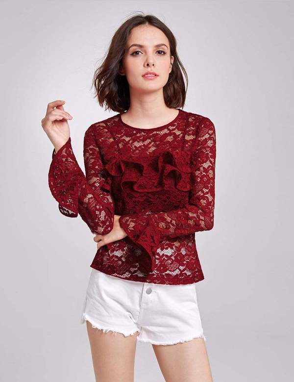 Wine Lace Alisa Pan Sheer Long Sleeve Top