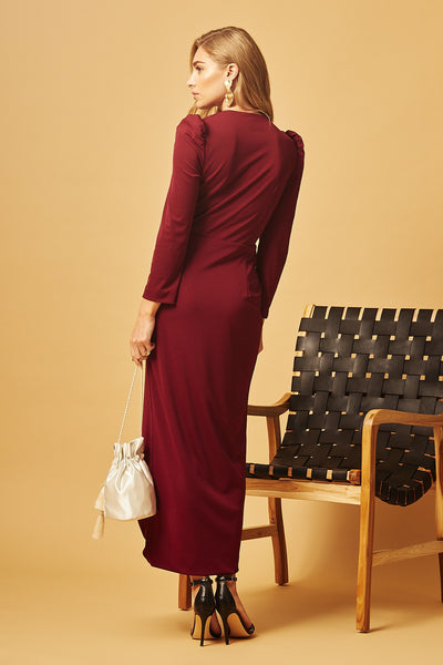 Maroon Wine V Neck Ruched Tulip Hem Dress