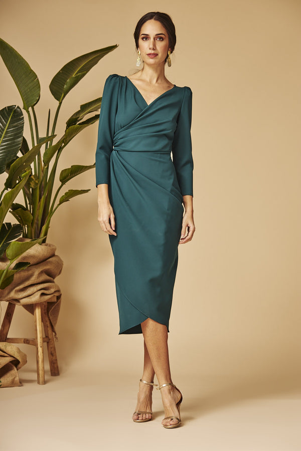 Teal Green Drape Wrap Sheath Dress