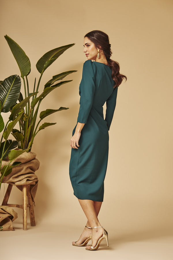 Teal Green Drape Wrap Sheath Dress