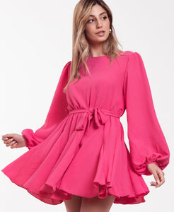 Hot Pink Round Neck Flouncing Skater Dress