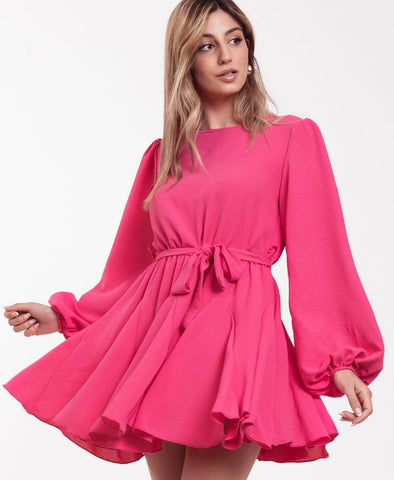 Hot Pink Round Neck Flouncing Skater Dress
