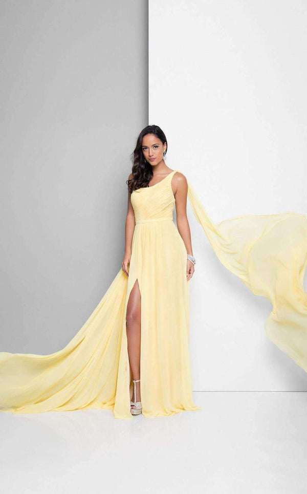 Yellow One Shoulder Ruched Flared Maxi