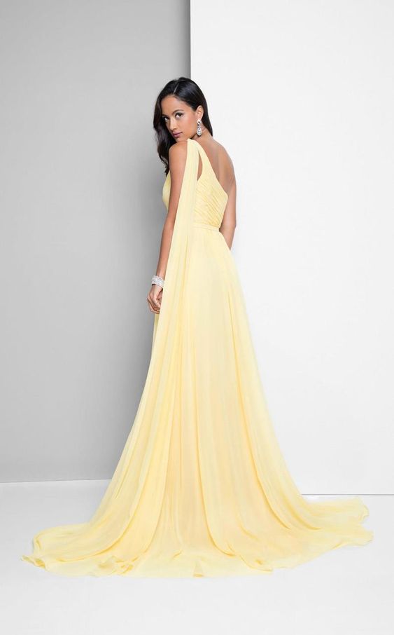 Yellow One Shoulder Ruched Flared Maxi