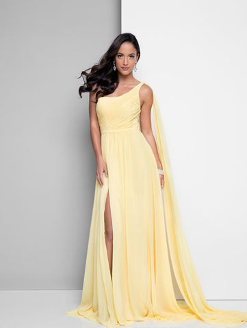 Yellow One Shoulder Ruched Flared Maxi