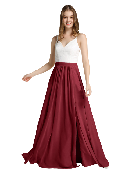 White & Maroon Lace V Neck Front Slit Maxi