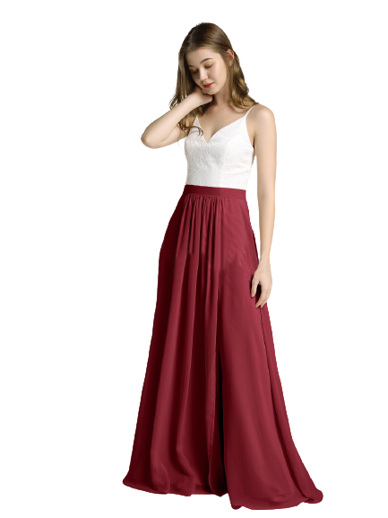 White & Maroon Lace V Neck Front Slit Maxi
